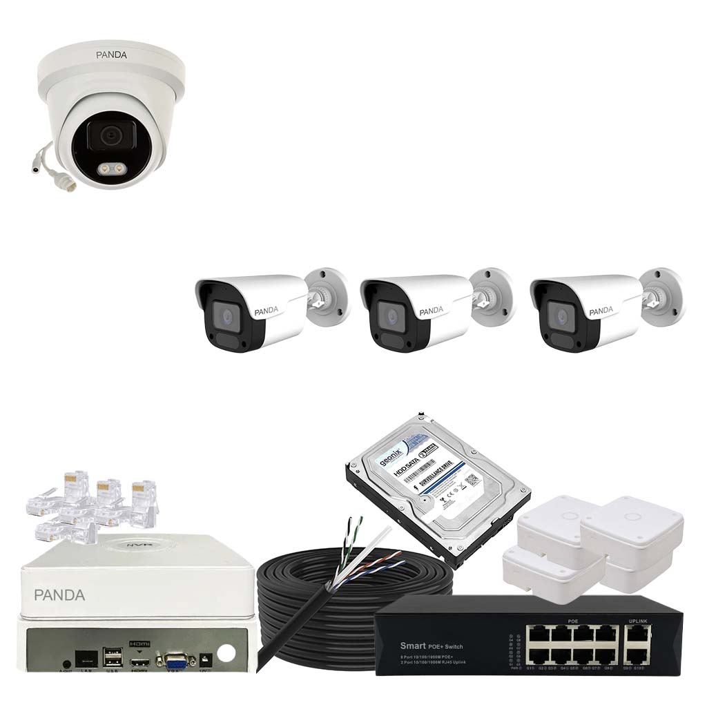 Panda Blue Series 4MP IP CCTV Kit | 1 Dome + 3 Bullet | 8CH NVR | 8 PoE + 2 Uplink | 500GB