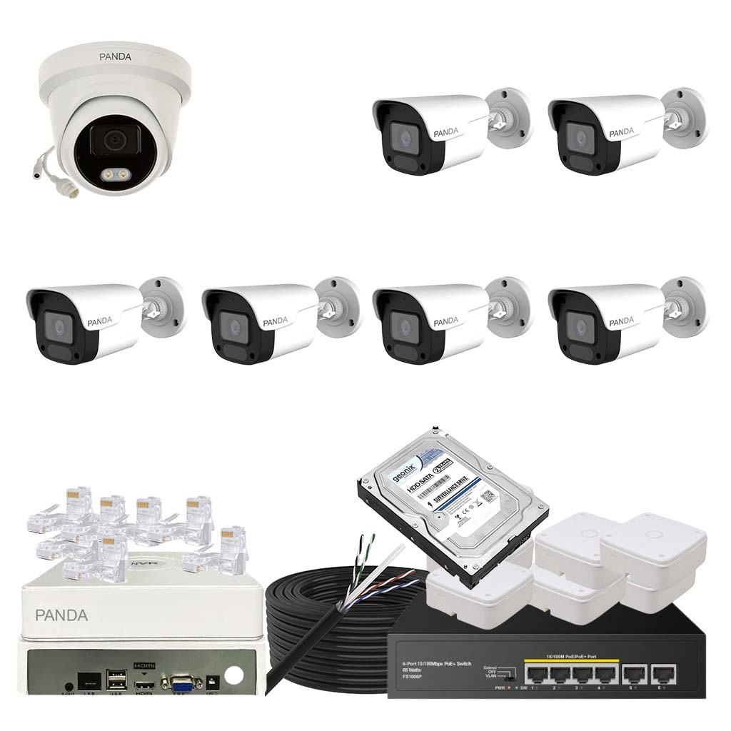 Panda Blue Series 4MP IP CCTV Kit | 1 Dome + 6 Bullet | 8CH NVR | 4 PoE + 2 Uplink | 500GB