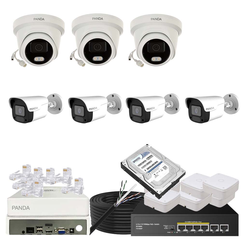 Panda Blue Series 4MP IP CCTV Kit | 3 Dome + 4 Bullet | 8CH NVR | 4 PoE + 2 Uplink | 500GB