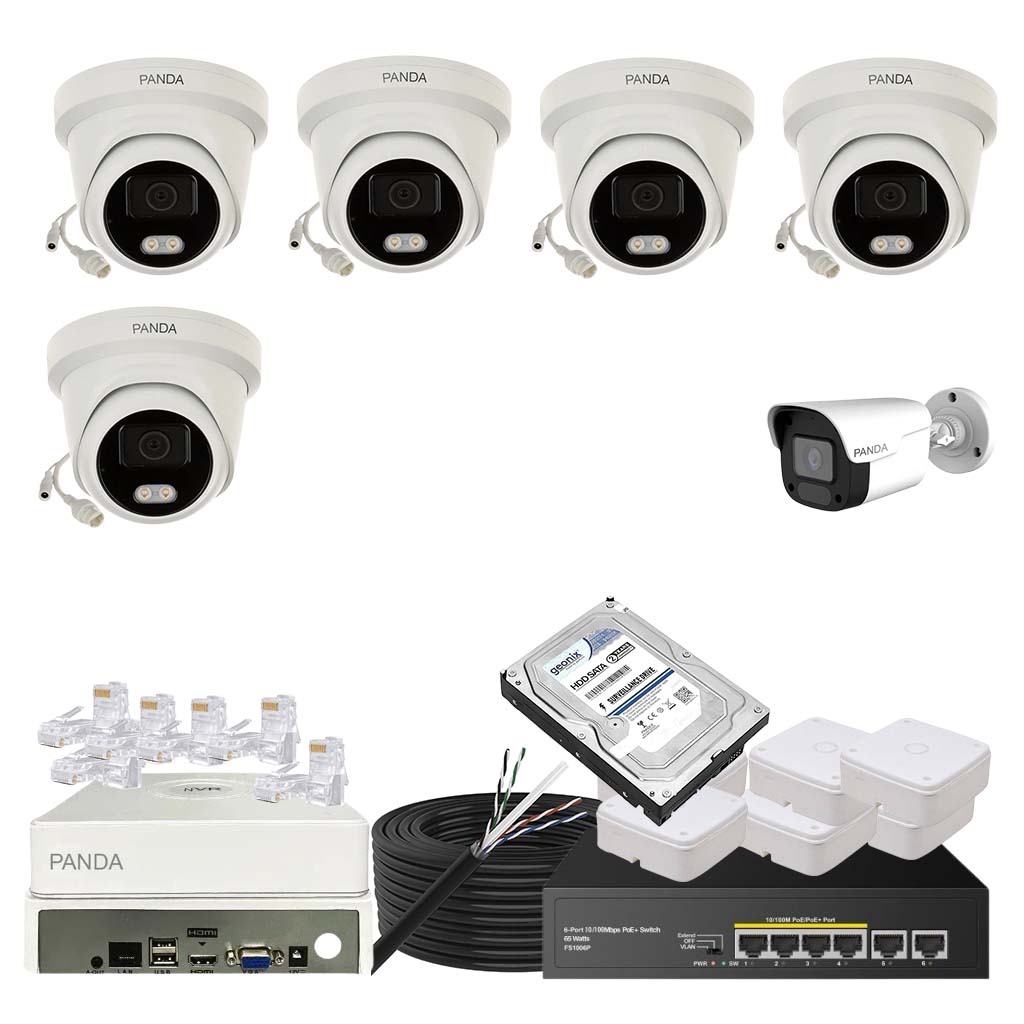 Panda Blue Series 4MP IP CCTV Kit | 5 Dome + 1 Bullet | 8CH NVR | 4 PoE + 2 Uplink | 1TB