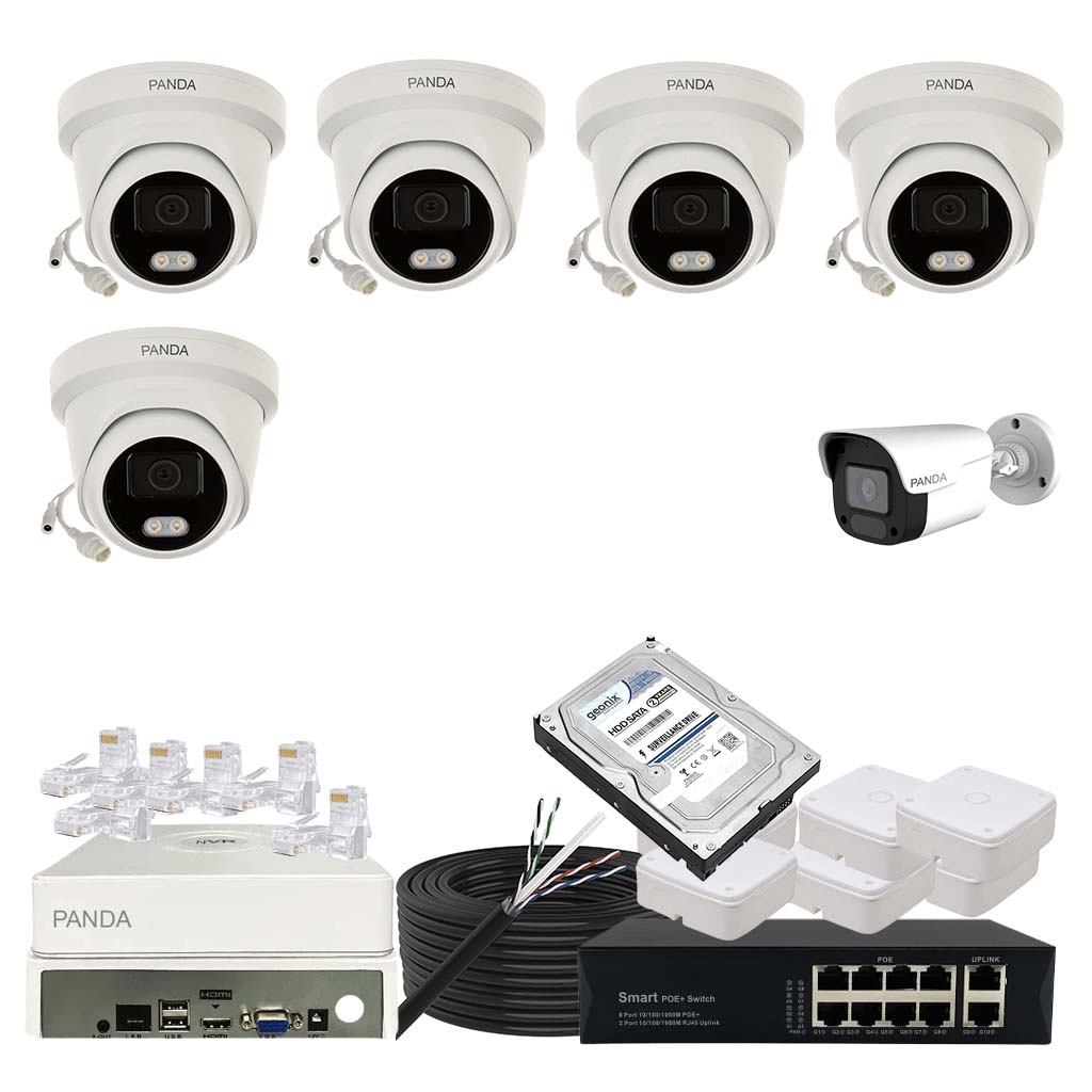 Panda Blue Series 4MP IP CCTV Kit | 5 Dome + 1 Bullet | 8CH NVR | 8 PoE + 2 Uplink | 500GB